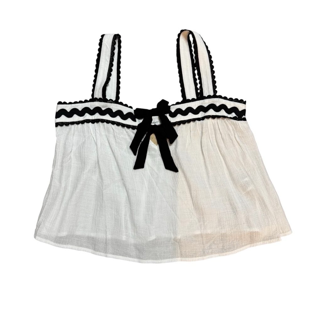 NWT Blu Pepper White Gauze Cropped Flowy Tank Top Black Ric Rac Trim Bows Large